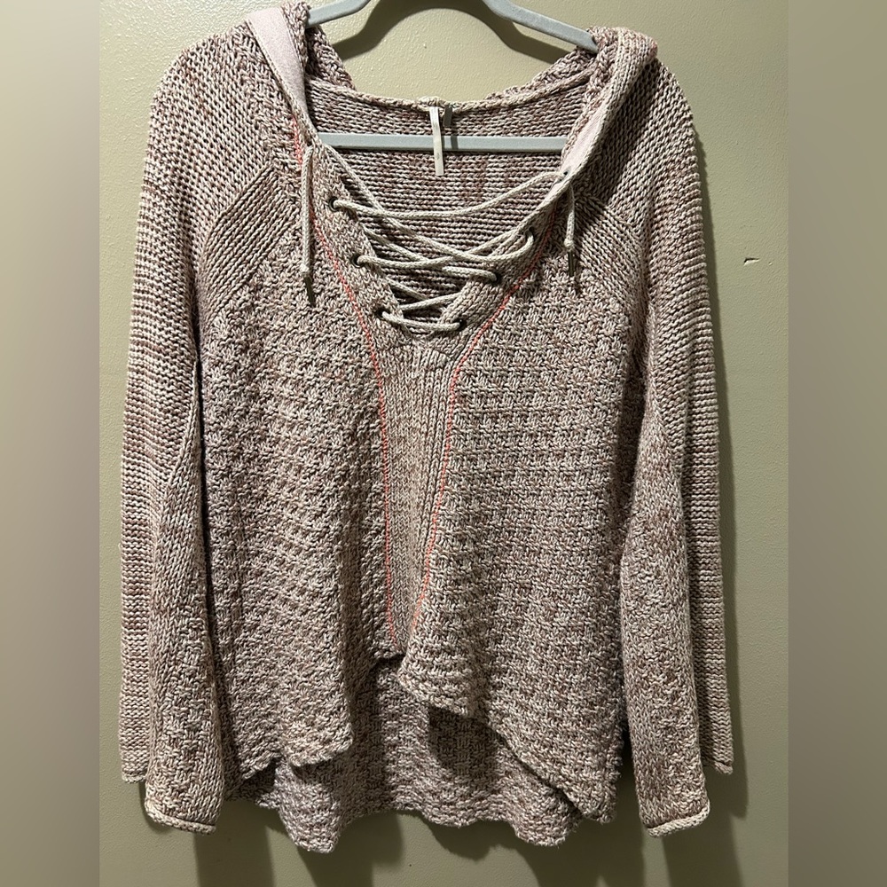 Free People Lace Up Hooded Sweater Beige Cotton Linen Bohemian Women’s Small